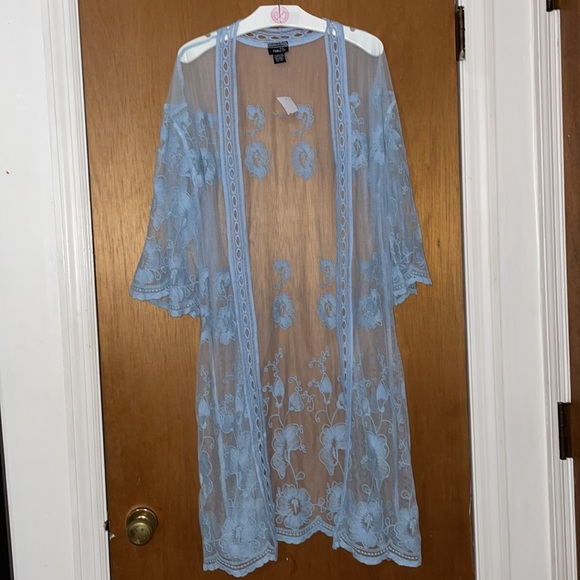 •RUE21•NWT BLUE FLORAL LACE SHEER CROCHET BELL SLEEVE OPEN FRONT KIMONO- MEDIUM - Picture 4 of 8
